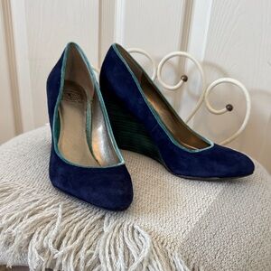 Lucky Brand Moroccan Blue Suede Wedge Heels with Teal accents